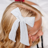 Silver Tinsel Knit Bow Clip