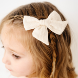 Ivory Stitched Stripes Bow Clip