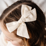 Ivory Stitched Stripes Bow Clip