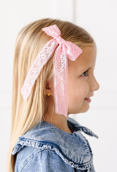 Bright Pink Embroidered Lace Bow For Girls and Babies, Spring Bow 