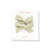 Sage Stitched Linen Pigtail Bow Clips