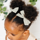 Sage Stitched Linen Pigtail Bow Clips