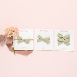 Sage Stitched Linen Pigtail Bow Clips